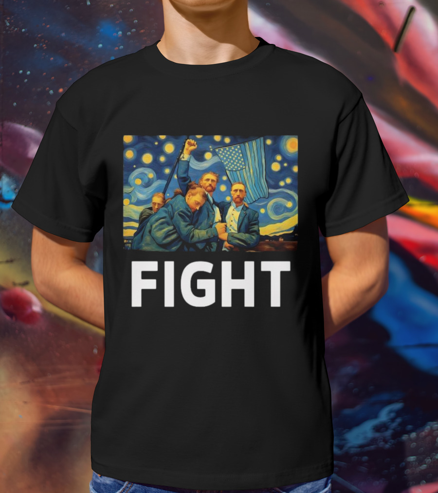 Fight Van Gogh Starry Night American Flag Fist Raised T-Shirt