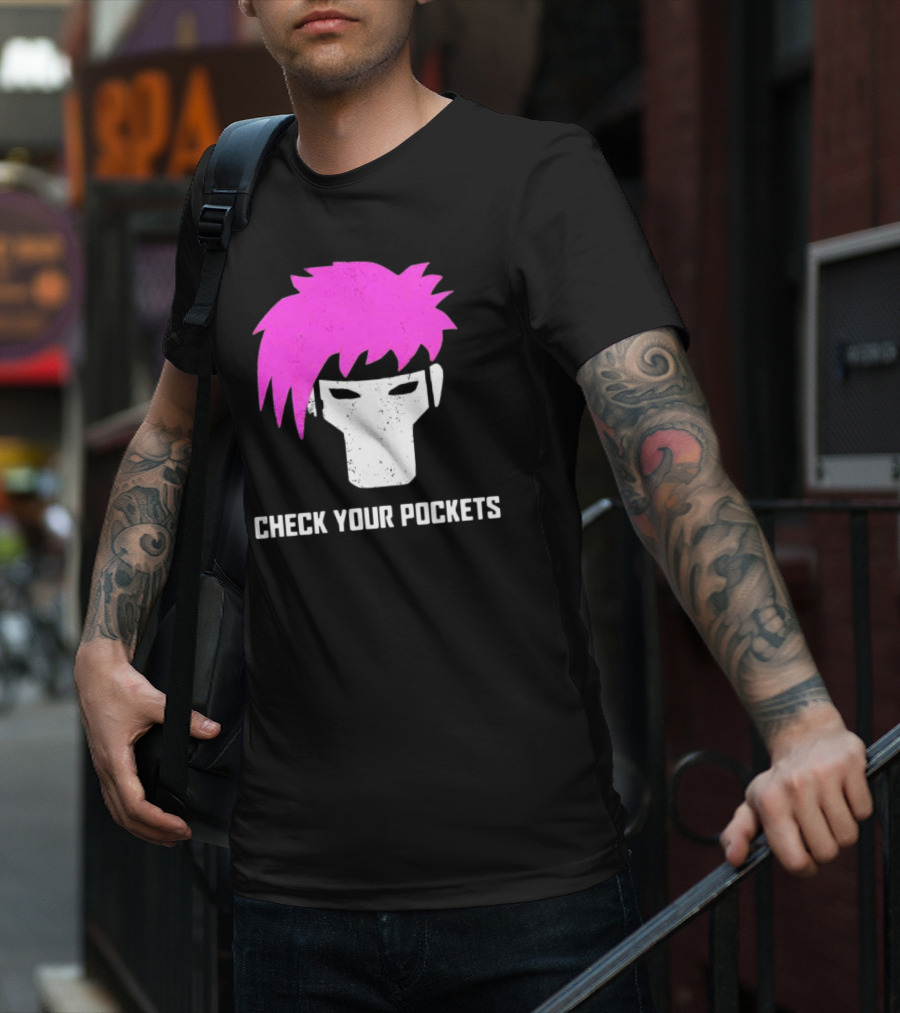 Check Your Pockets Pink Hair Masked Face T-Shirt