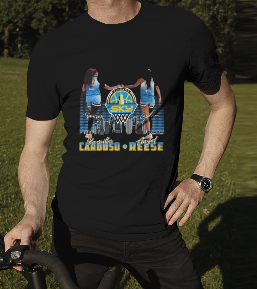 Chicago Sky WNBA Kamilla Cardoso Angel Reese Skyline Signatures T-Shirt