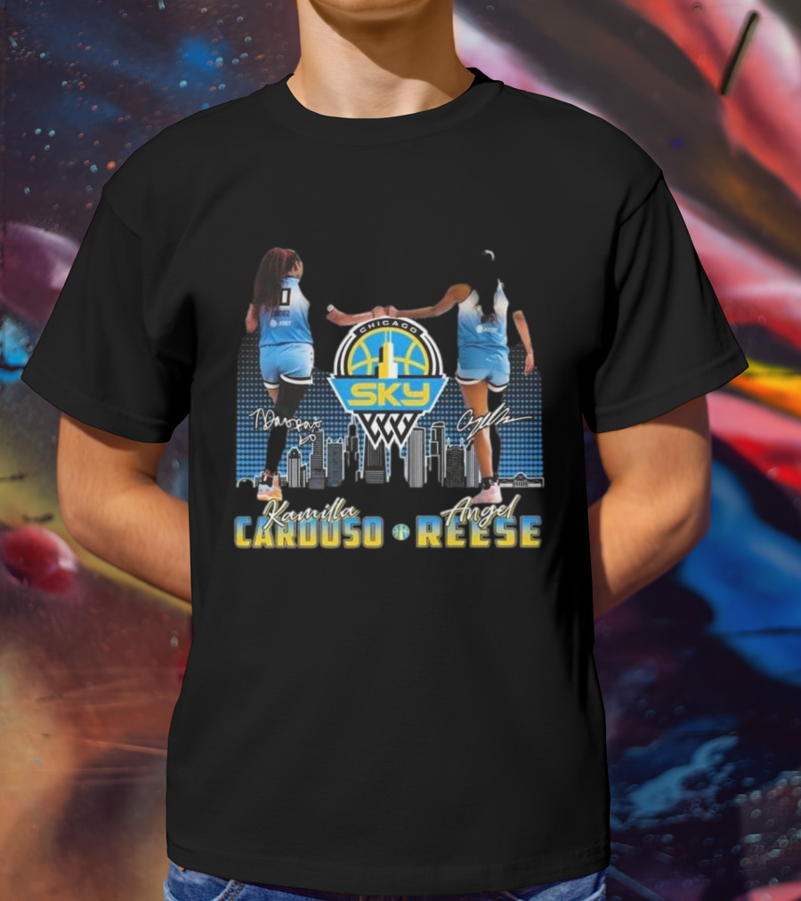 Chicago Sky WNBA Kamilla Cardoso Angel Reese Skyline Signatures T-Shirt