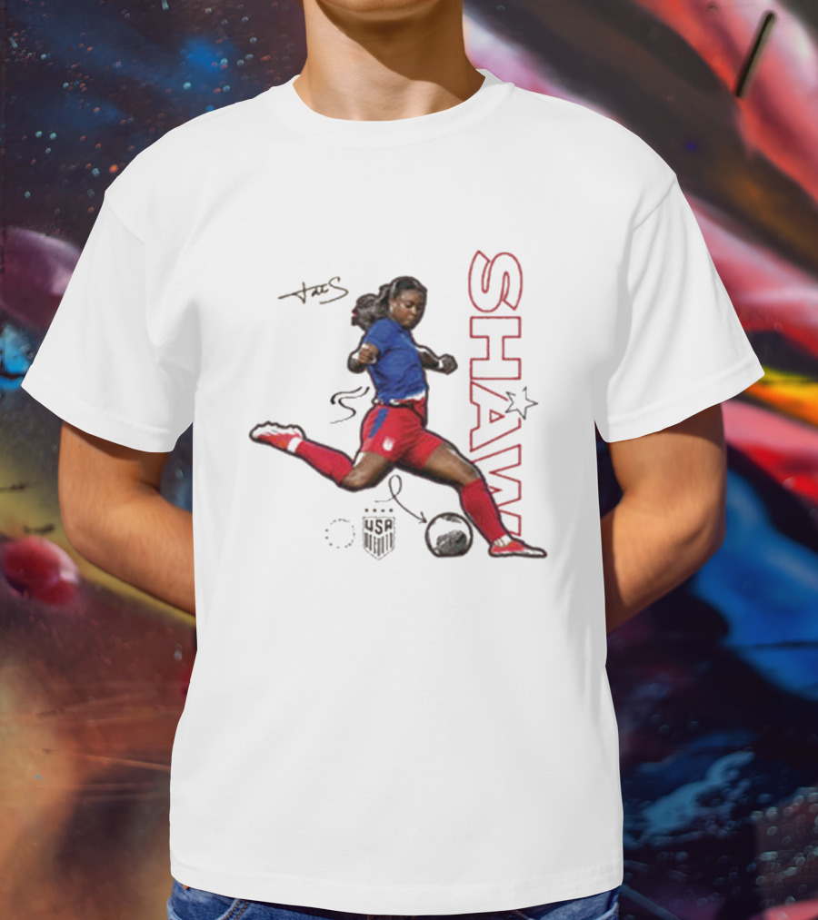 USWNT Jaedyn Shaw Signature Red And Blue Action Pose With Star T-Shirt