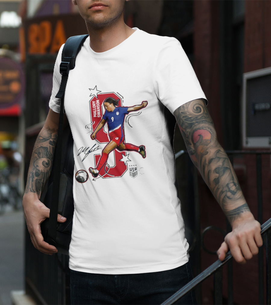 Mallory Swanson Number 9 USWNT Signature Red And Blue Player Action T-Shirt