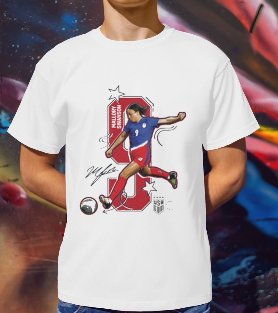 Mallory Swanson Number 9 USWNT Signature Red And Blue Player Action T-Shirt