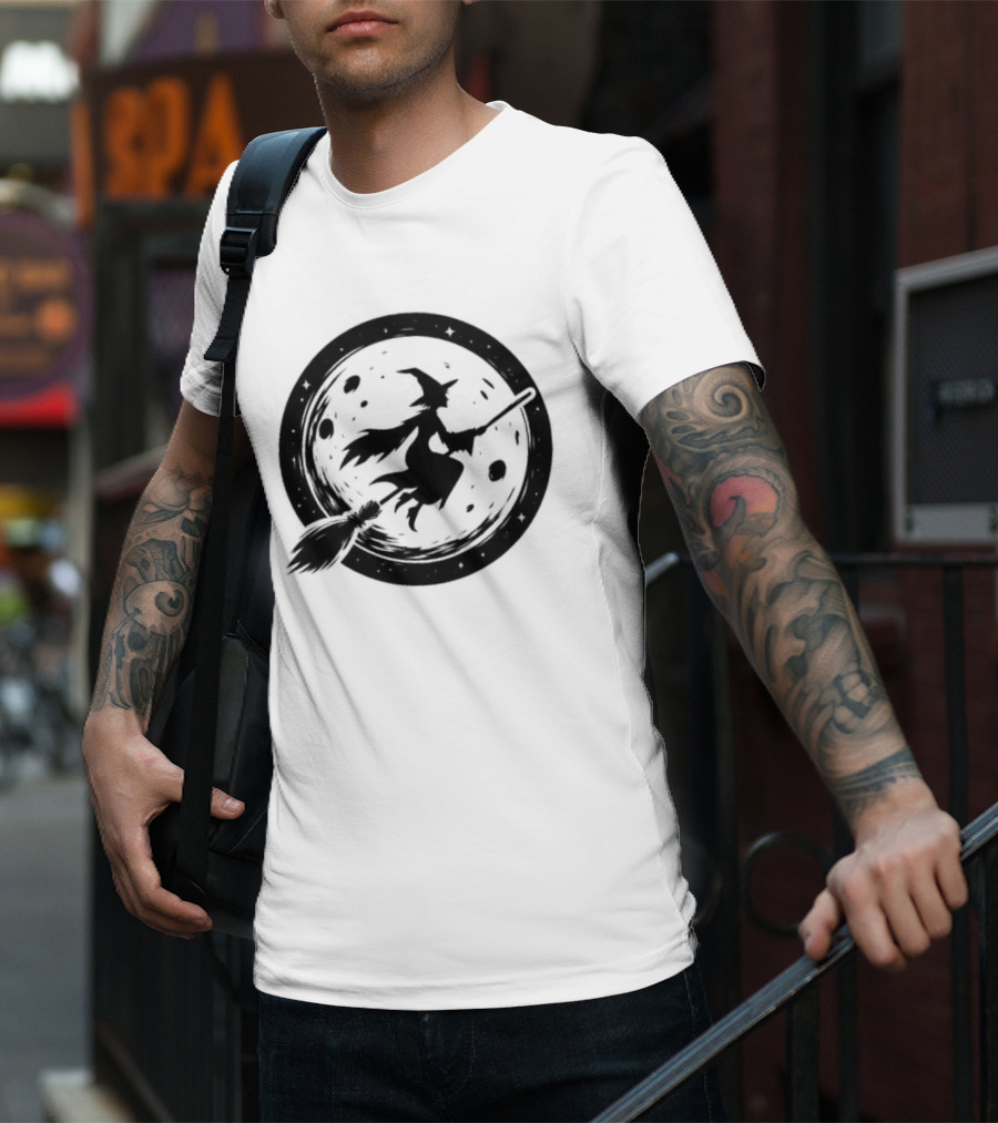 Spooky Halloween Witch Flying Across Full Moon Night T-Shirt