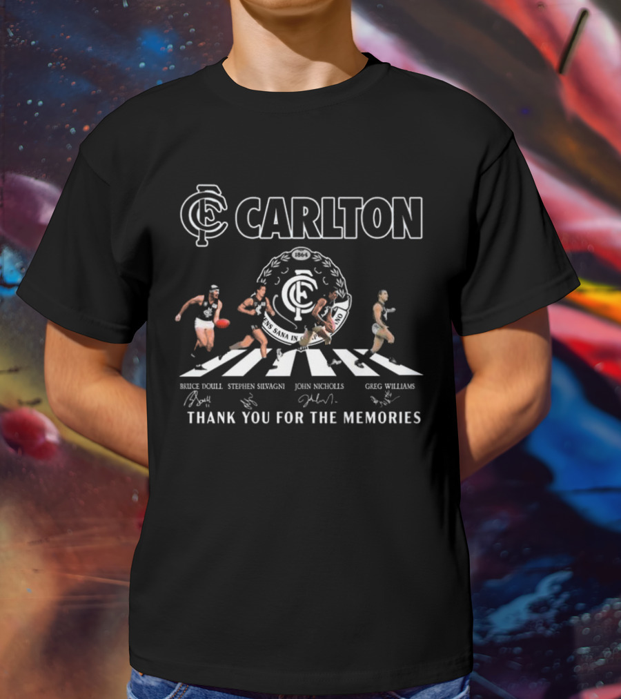 Carlton Blues AFL Thank You For The Memories Abbey Road Bruce Doull Stephen Silvagni John Nicholls Greg Williams Signatures T-Shirt