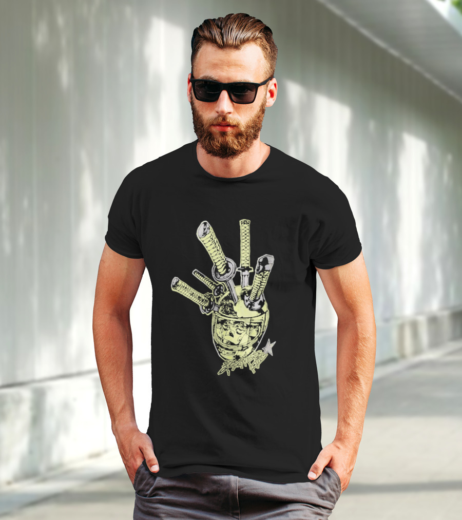 Oremob Katana Helmet Graphic With Star And Japanese Characters T-Shirt