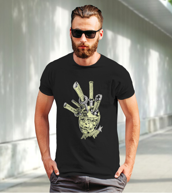 Oremob Katana Helmet Graphic With Star And Japanese Characters T-Shirt