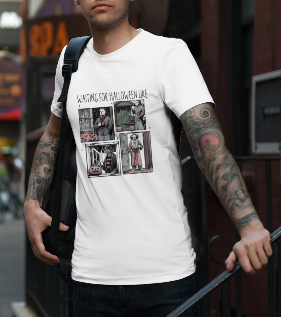 Waiting For Halloween Like Horror Movie Characters With Pumpkins And Costumes T-Shirt