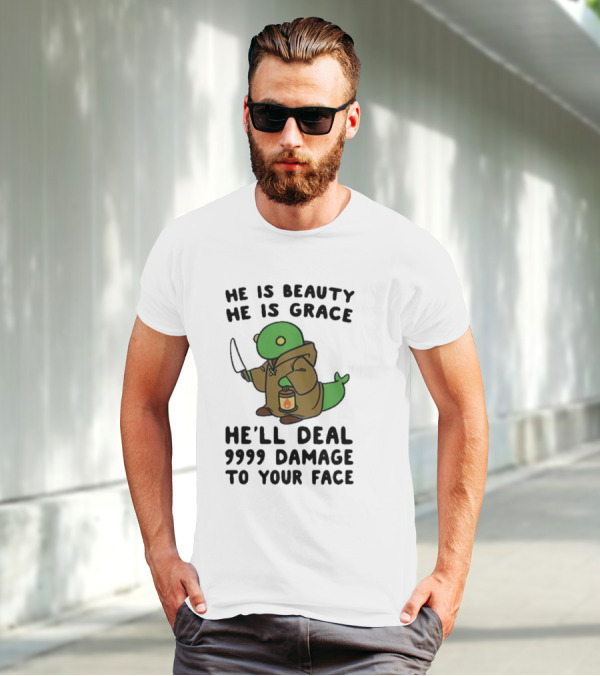 He Is Beauty He Is Grace He’ll Deal 9999 Damage To Your Face Lantern-Wielding Creature In Brown Robe With Knife T-Shirt