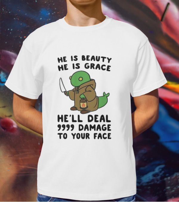 He Is Beauty He Is Grace He’ll Deal 9999 Damage To Your Face Lantern-Wielding Creature In Brown Robe With Knife T-Shirt