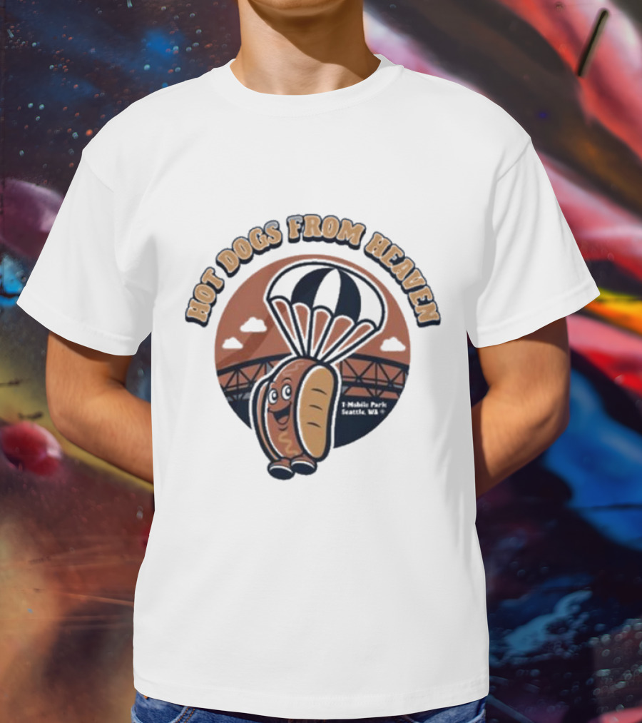 Hot Dogs From Heaven Parachuting Cartoon Bridge Scene T-Shirt
