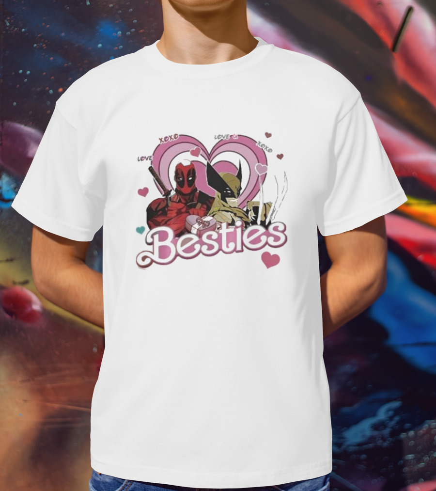 Deadpool Wolverine Love Hearts Besties Cute Friends T-Shirt