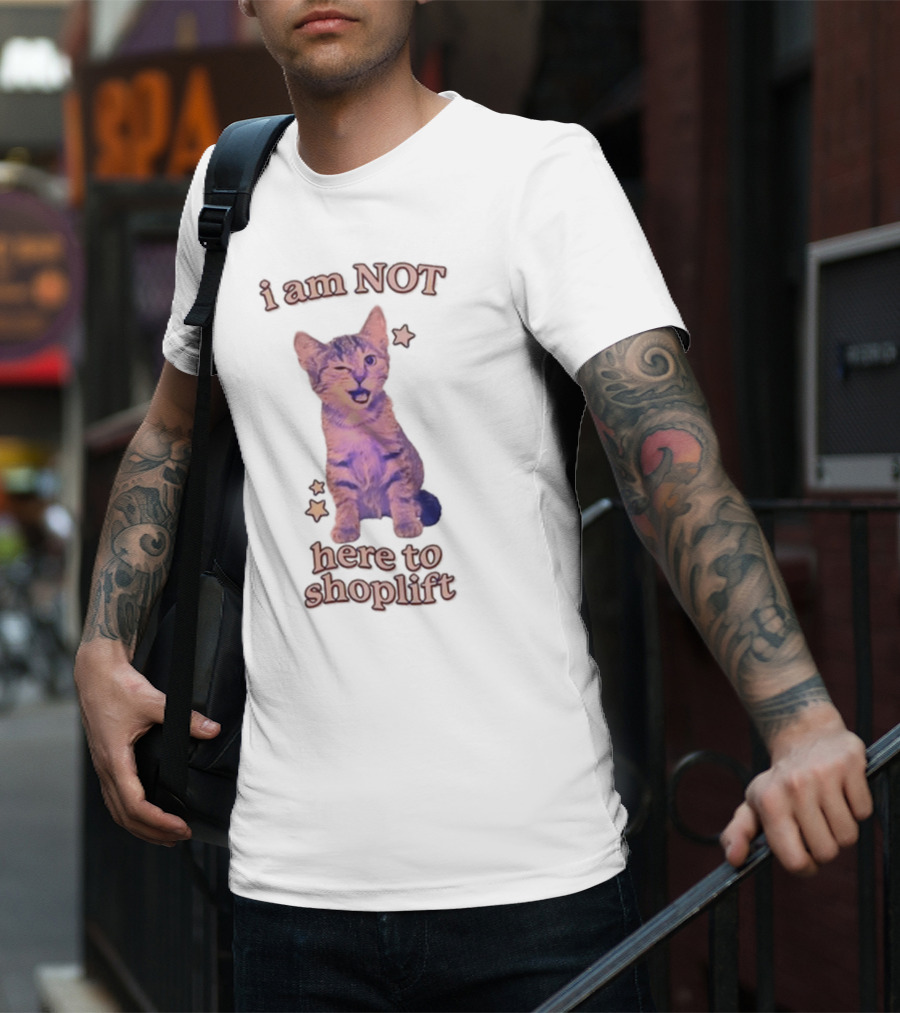 Gotfunny I Am Not Here To Shoplift Winking Cat With Stars T-Shirt