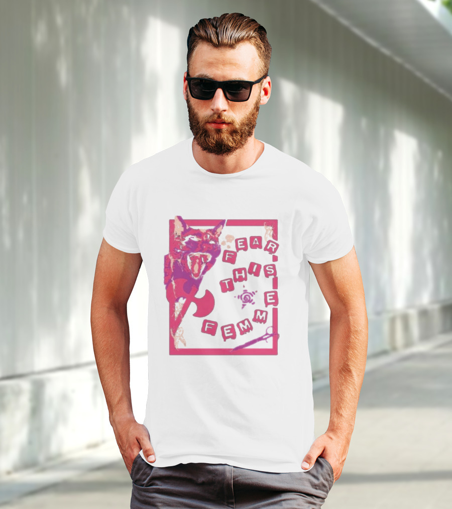 Fear This Femme Cat And Axe Retro Typography Pink Acid Wash T-Shirt