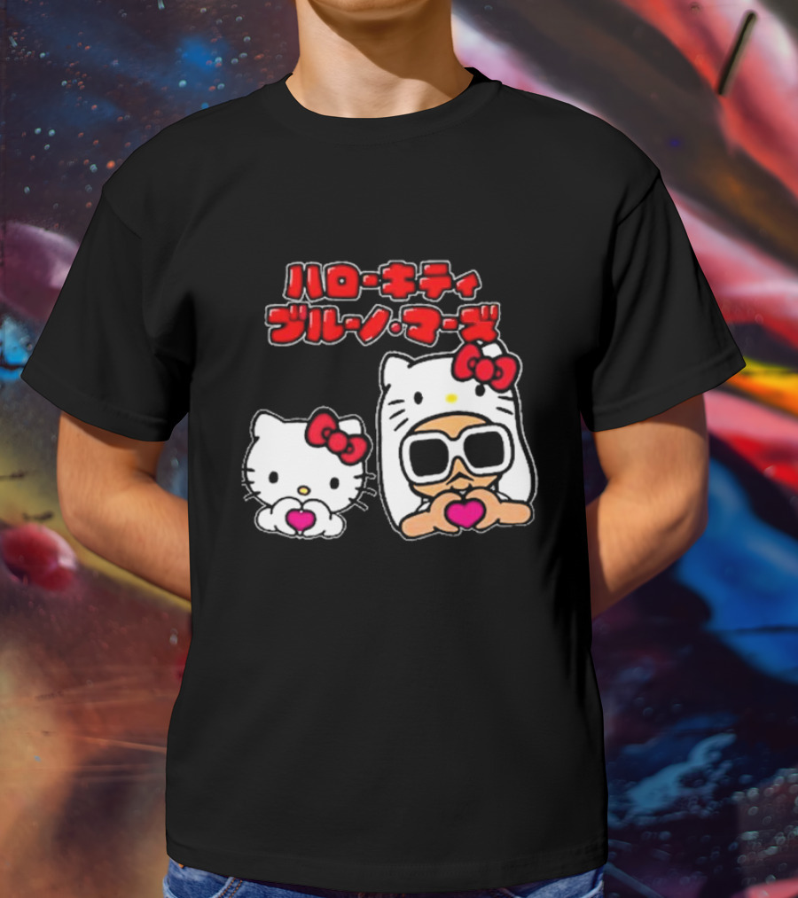 Bruno Mars X Hello Kitty Collaboration Japan Style Cute Characters With Sunglasses And Heart T-Shirt