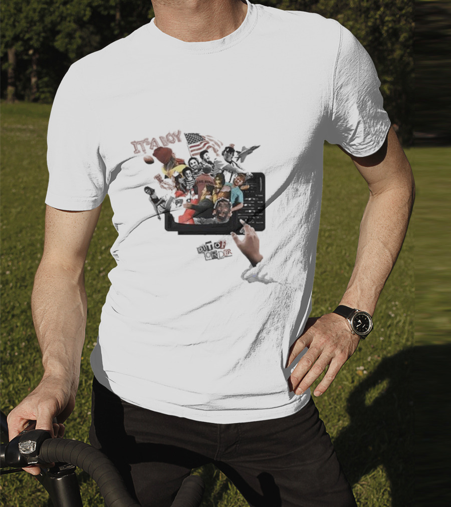 IT’S A BOY OUT OF ORDER Collage American Flag Football Icons T-Shirt