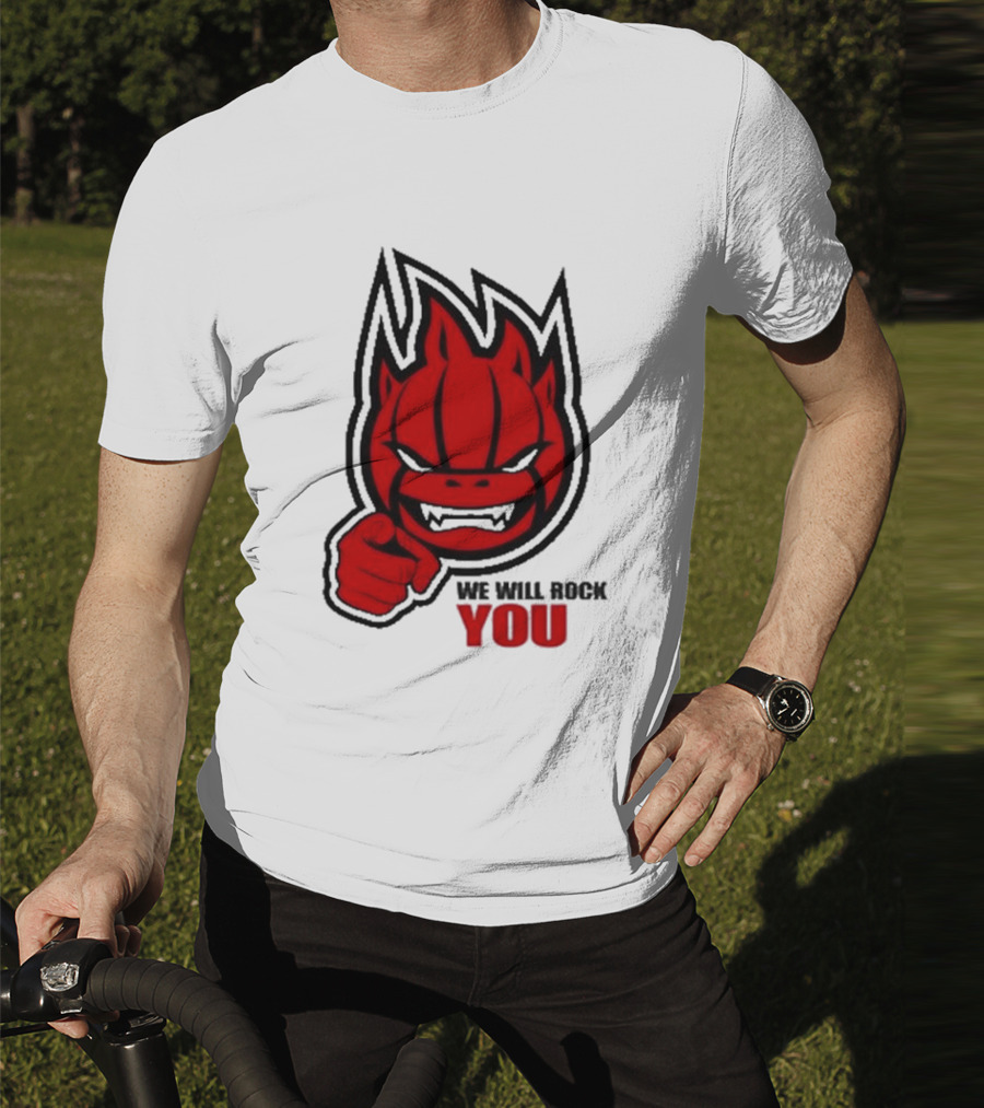 Sir Safety Perugia We Will Rock You Red Flame Character With Pointing Finger T-Shirt