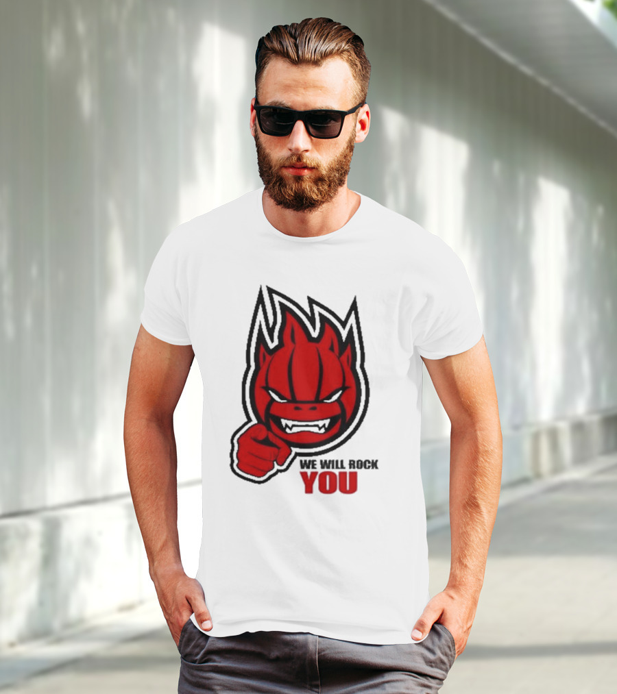 Sir Safety Perugia We Will Rock You Red Flame Character With Pointing Finger T-Shirt