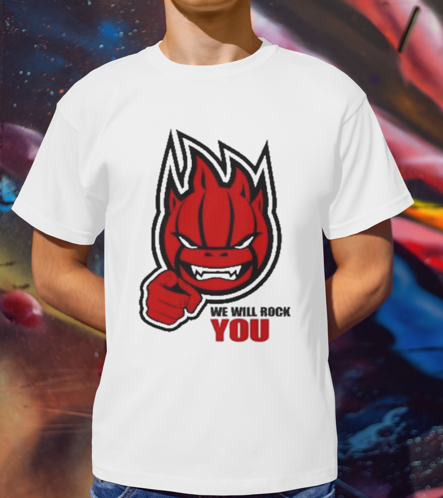 Sir Safety Perugia We Will Rock You Red Flame Character With Pointing Finger T-Shirt