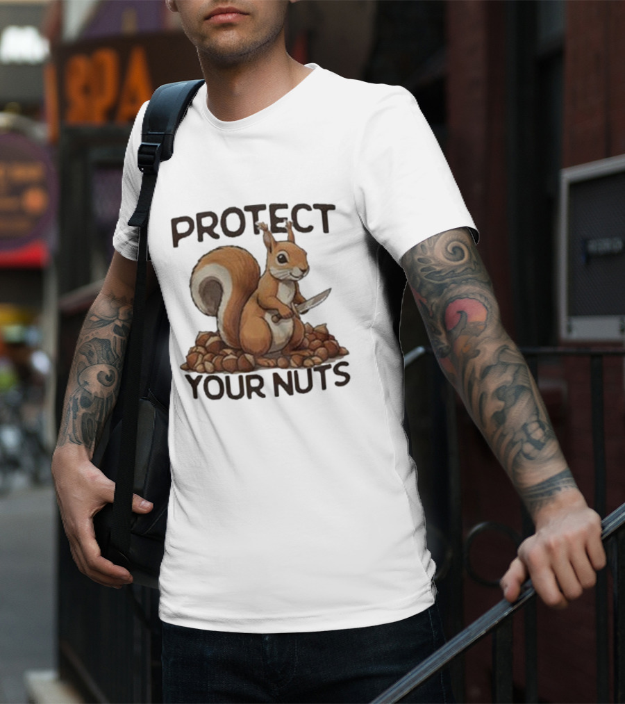 Protect Your Nuts Squirrel Holding Knife Surrounded By Nuts T-Shirt