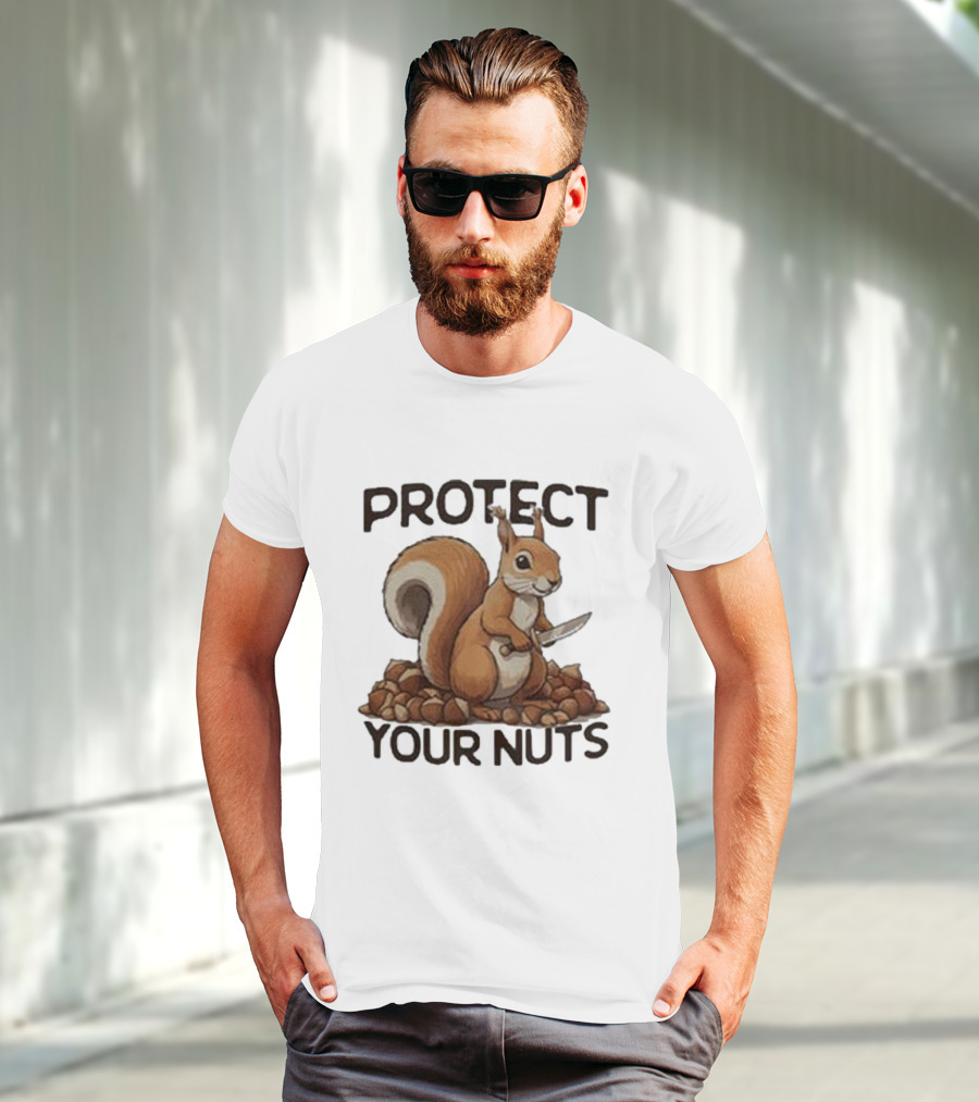 Protect Your Nuts Squirrel Holding Knife Surrounded By Nuts T-Shirt