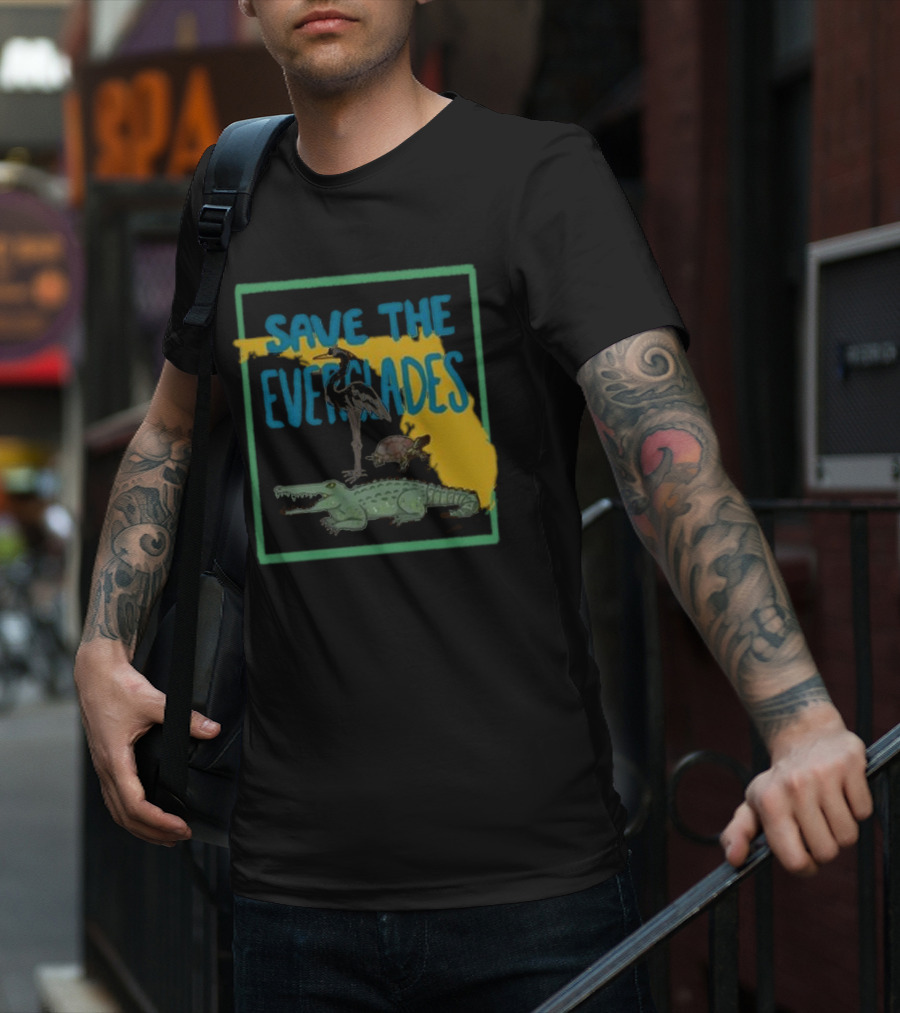 Gators Daily Save The Everglades Florida Map With Alligator, Heron, And Turtle T-Shirt