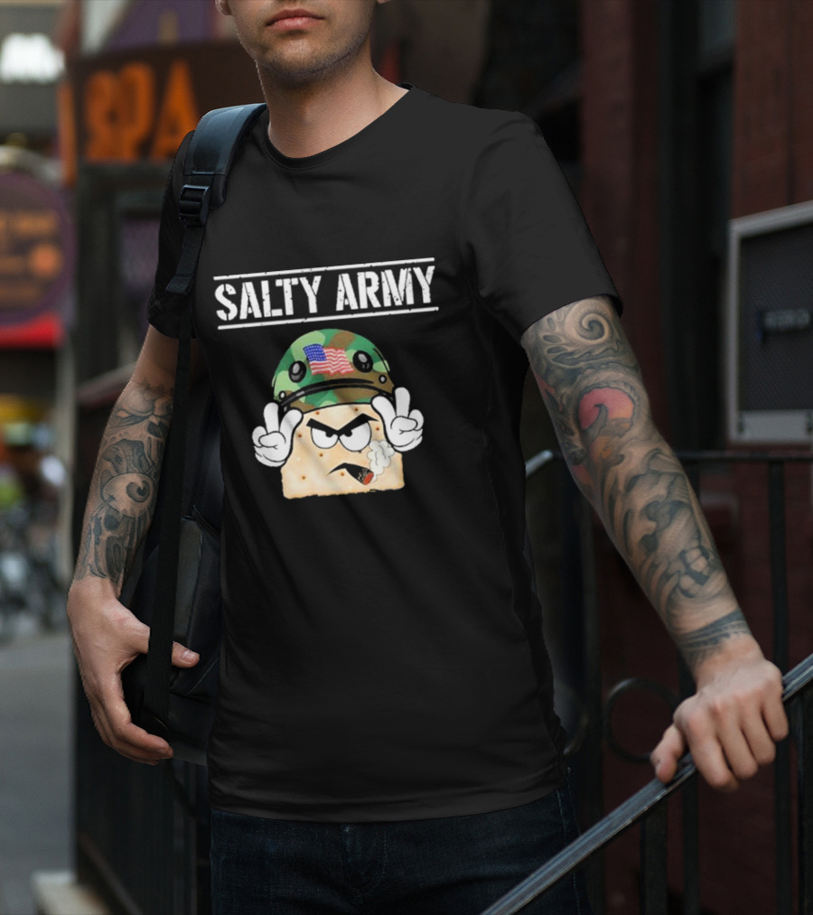 Salty Army Cracker With Camouflage Helmet Smoking Cigarette T-Shirt