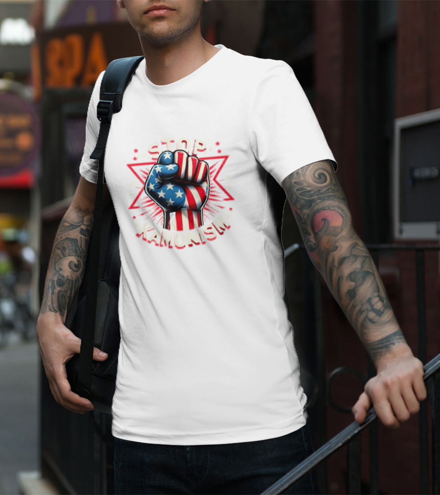 Stop Kamunism American Flag Fist With Stars And Red Stripes T-Shirt