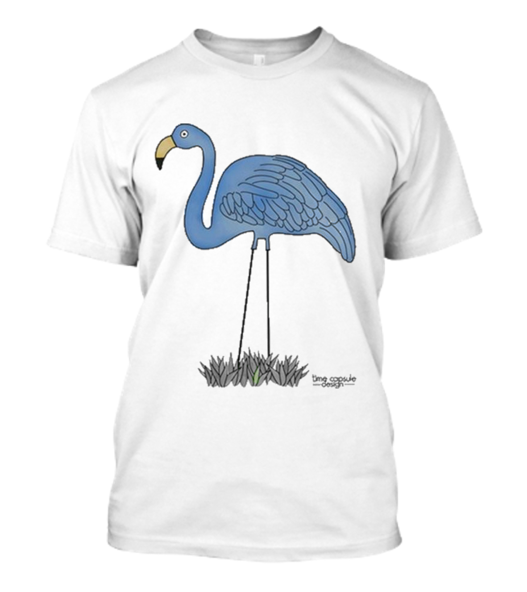 Time Capsule Design Blue Flamingo On Black Grass Background T-Shirt