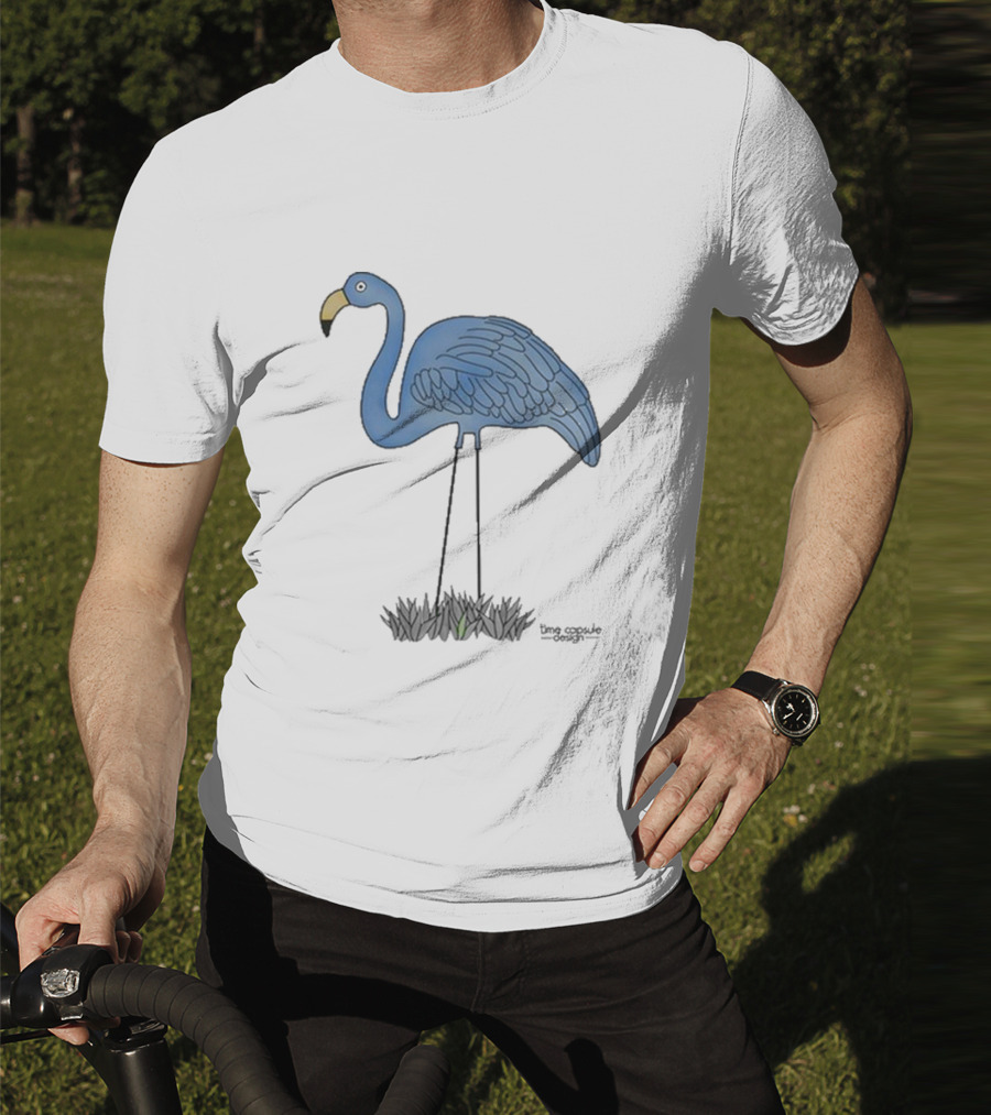 Time Capsule Design Blue Flamingo On Black Grass Background T-Shirt