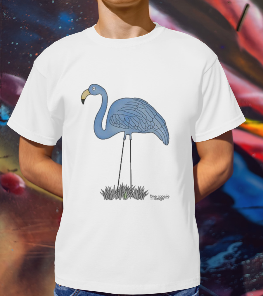Time Capsule Design Blue Flamingo On Black Grass Background T-Shirt