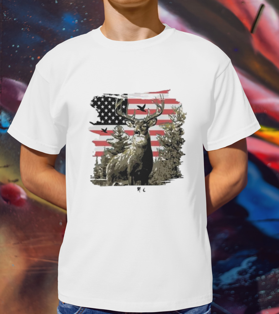 American Buck Cardin Mccoy Deer Forest Flag Scene T-Shirt