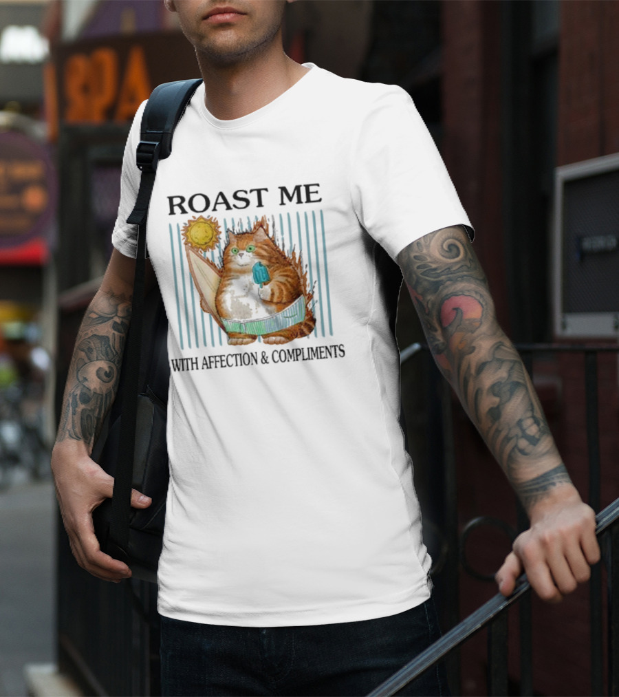 Roast Me Cat With Affection And Compliments Surfing Ice Cream Sun T-Shirt