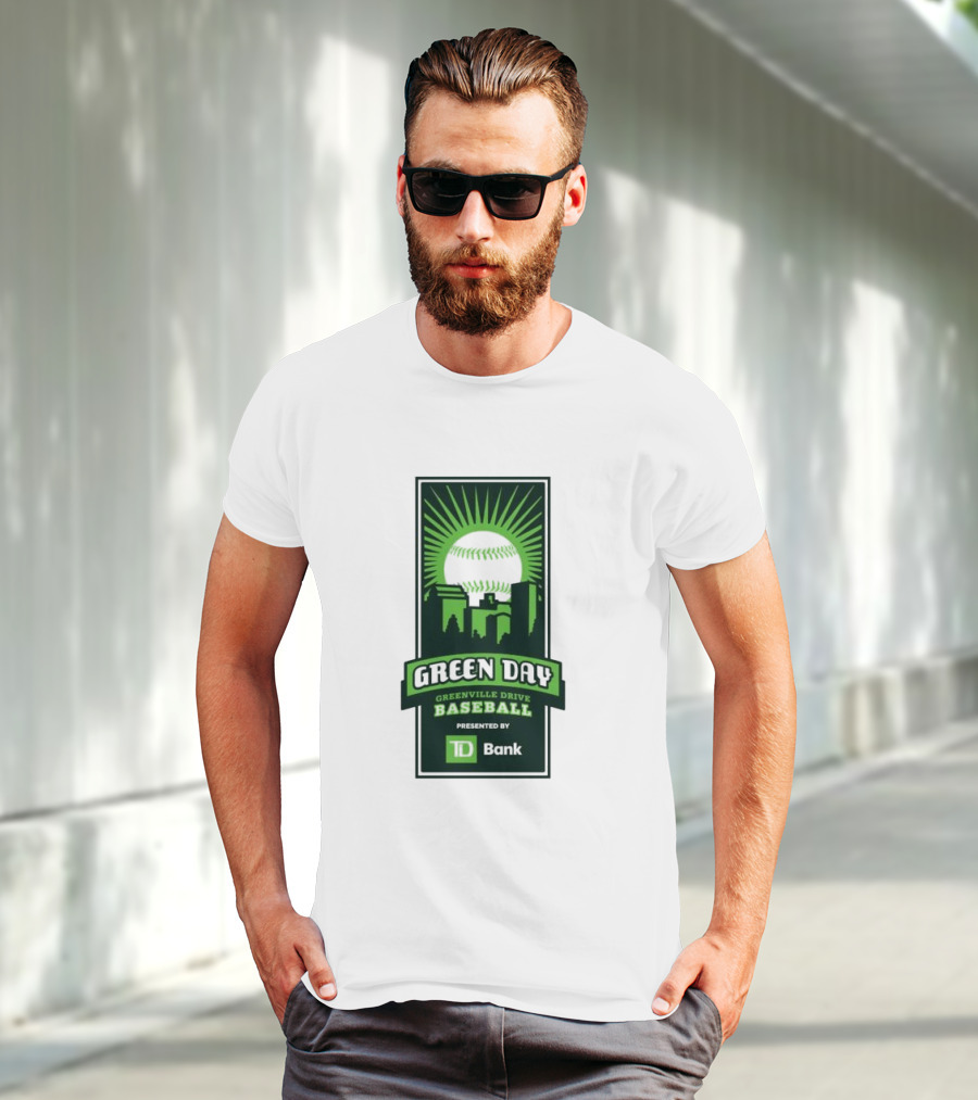 Green Day Greenville Drive Baseball Presented By TD Bank Skyline Baseball Sunburst T-Shirt