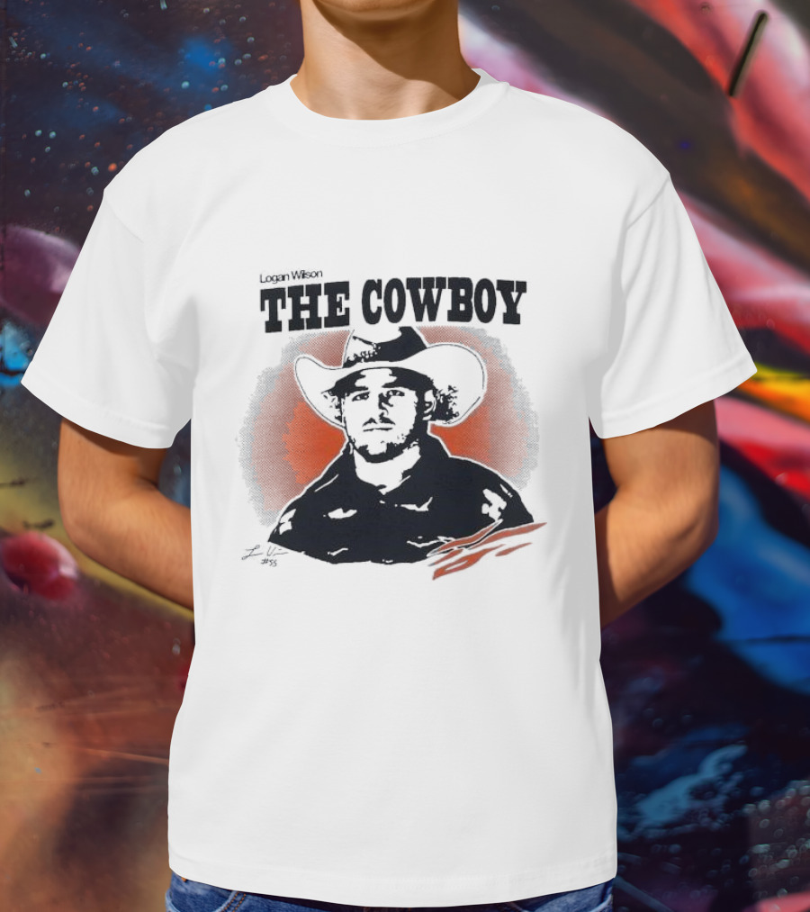 Logan Wilson The Cowboy Signature Art With Western Hat And Orange Backdrop T-Shirt