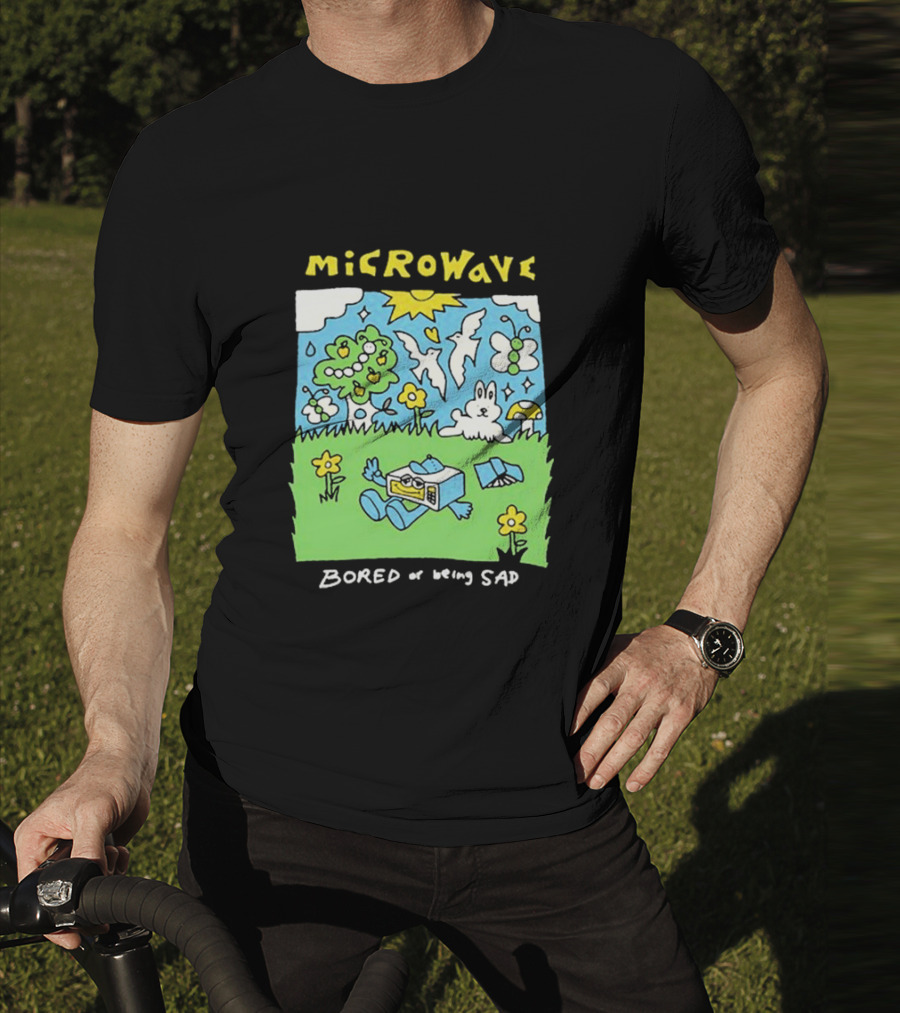 Microwave Bored Of Being Sad Colorful Cartoon Landscape With Sun And Bunny T-Shirt