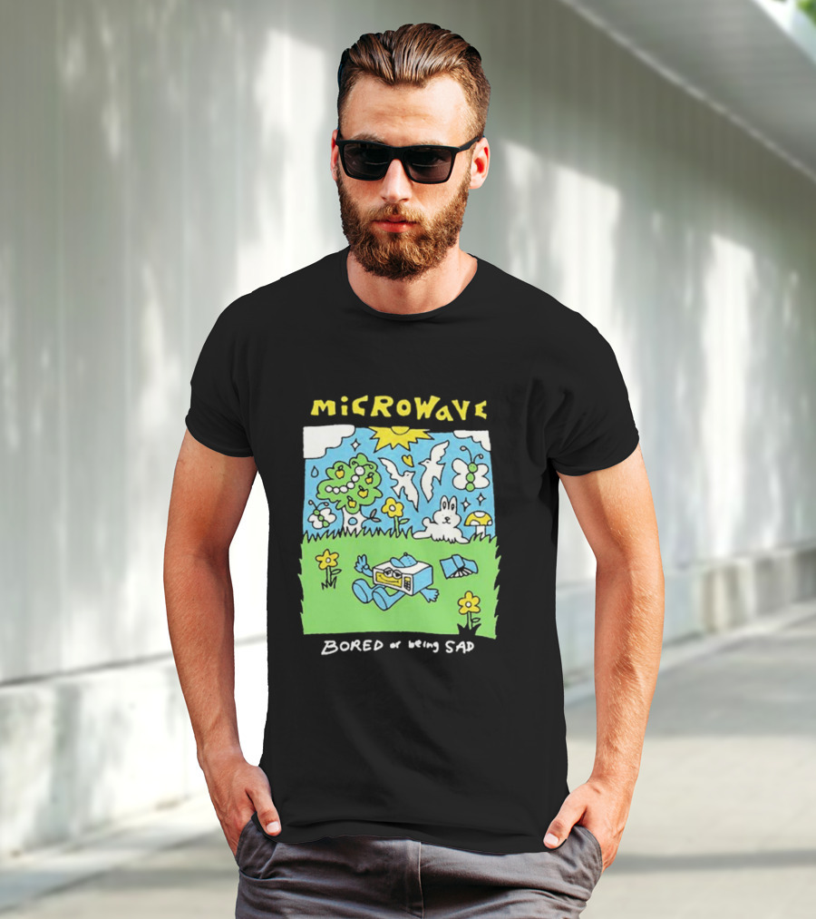 Microwave Bored Of Being Sad Colorful Cartoon Landscape With Sun And Bunny T-Shirt
