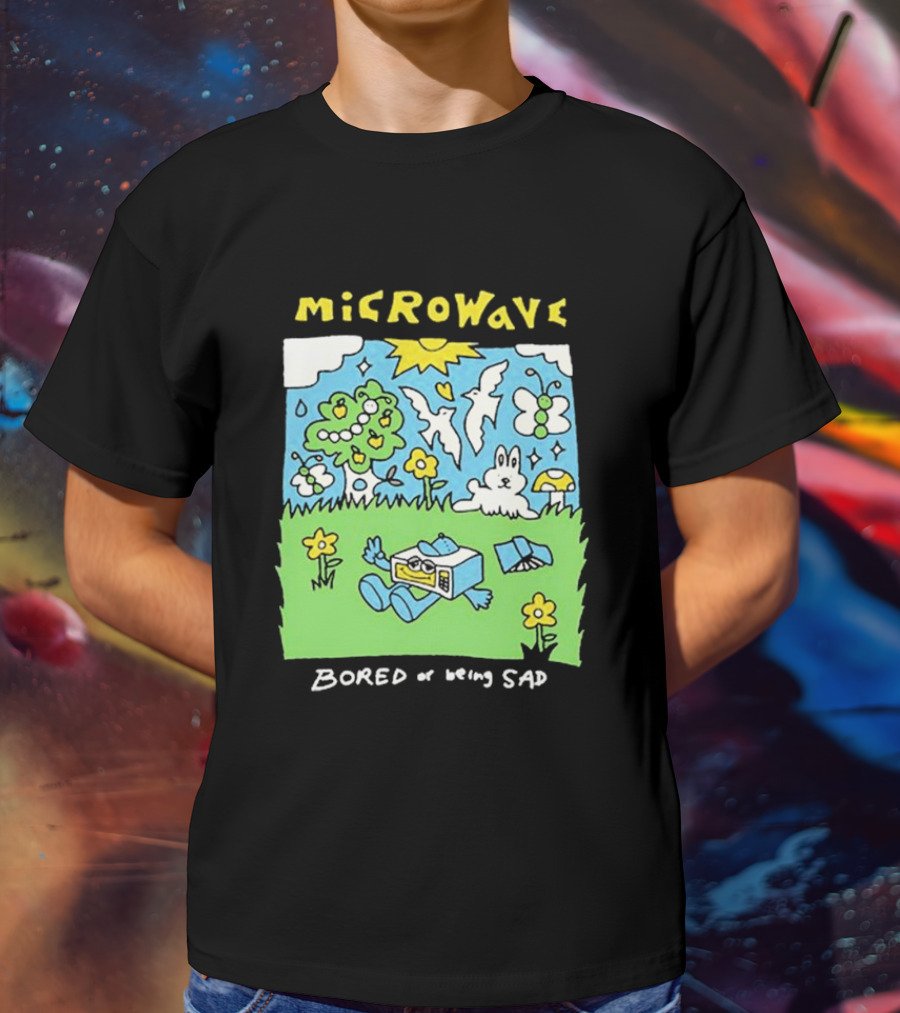 Microwave Bored Of Being Sad Colorful Cartoon Landscape With Sun And Bunny T-Shirt
