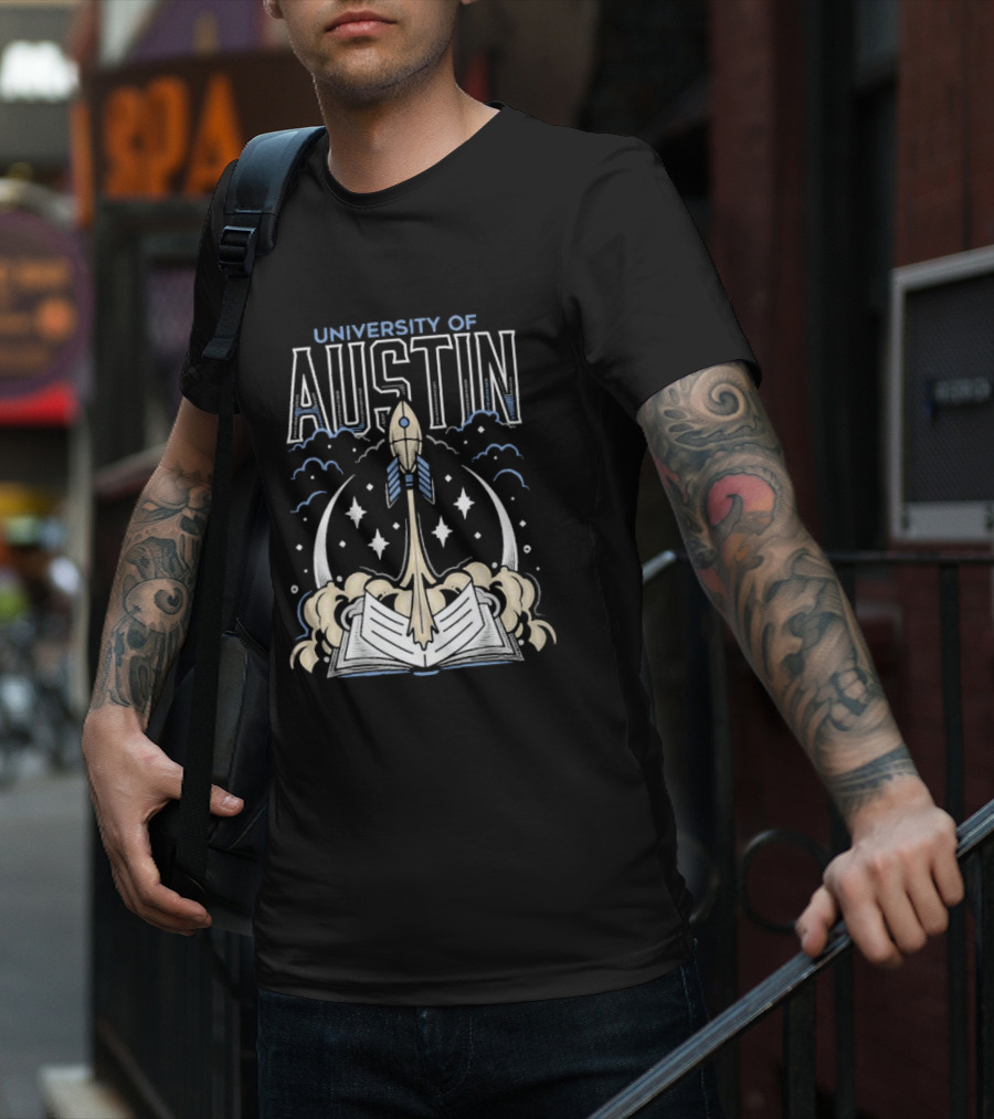 University Of Austin Rocket Book Imagery With Stars And Clouds T-Shirt