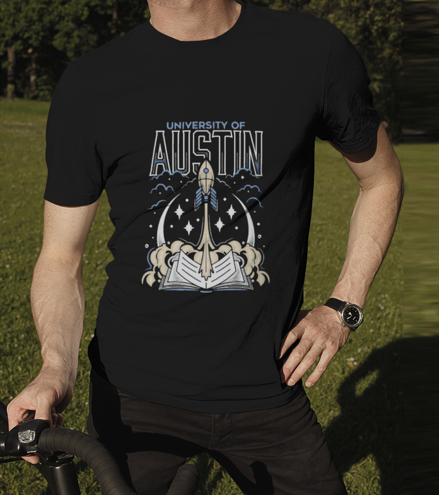 University Of Austin Rocket Book Imagery With Stars And Clouds T-Shirt