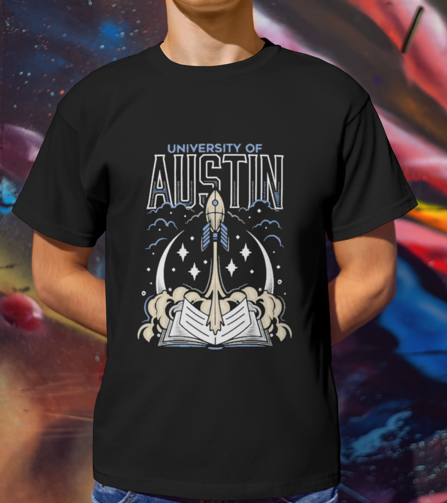 University Of Austin Rocket Book Imagery With Stars And Clouds T-Shirt