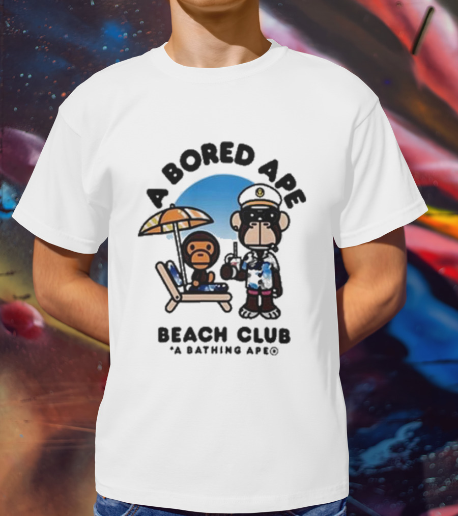A Bored Ape Beach Club A Bathing Ape Officer And Relaxing Ape Scene T-Shirt