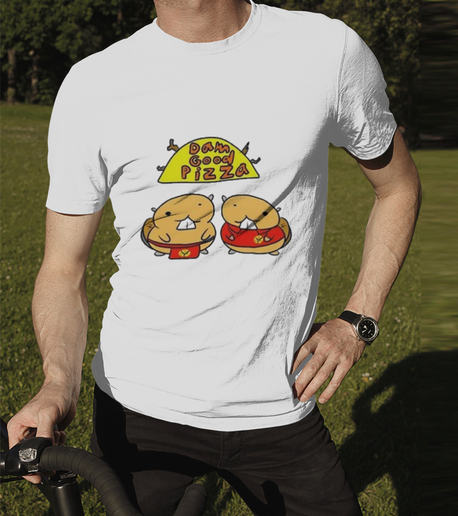 Dam Good Pizza Beaver Characters Duo In Red With Iconic Yellow Cheese Slice T-Shirt