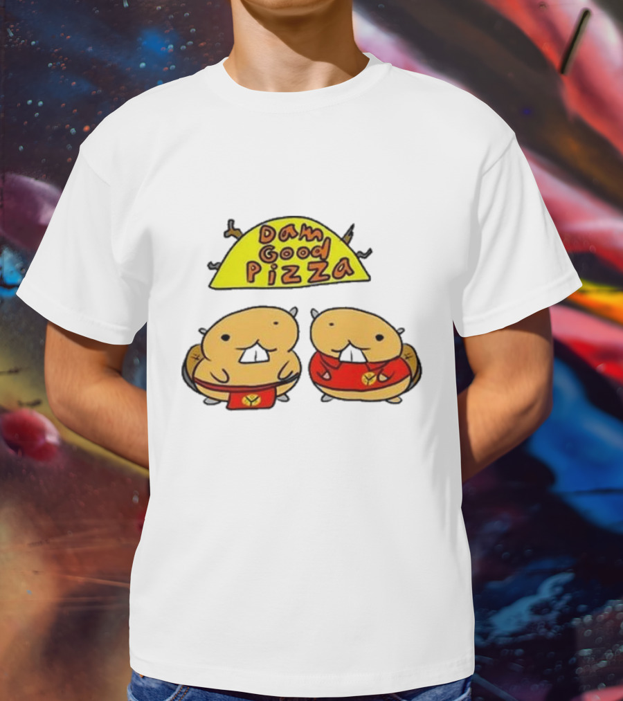 Dam Good Pizza Beaver Characters Duo In Red With Iconic Yellow Cheese Slice T-Shirt