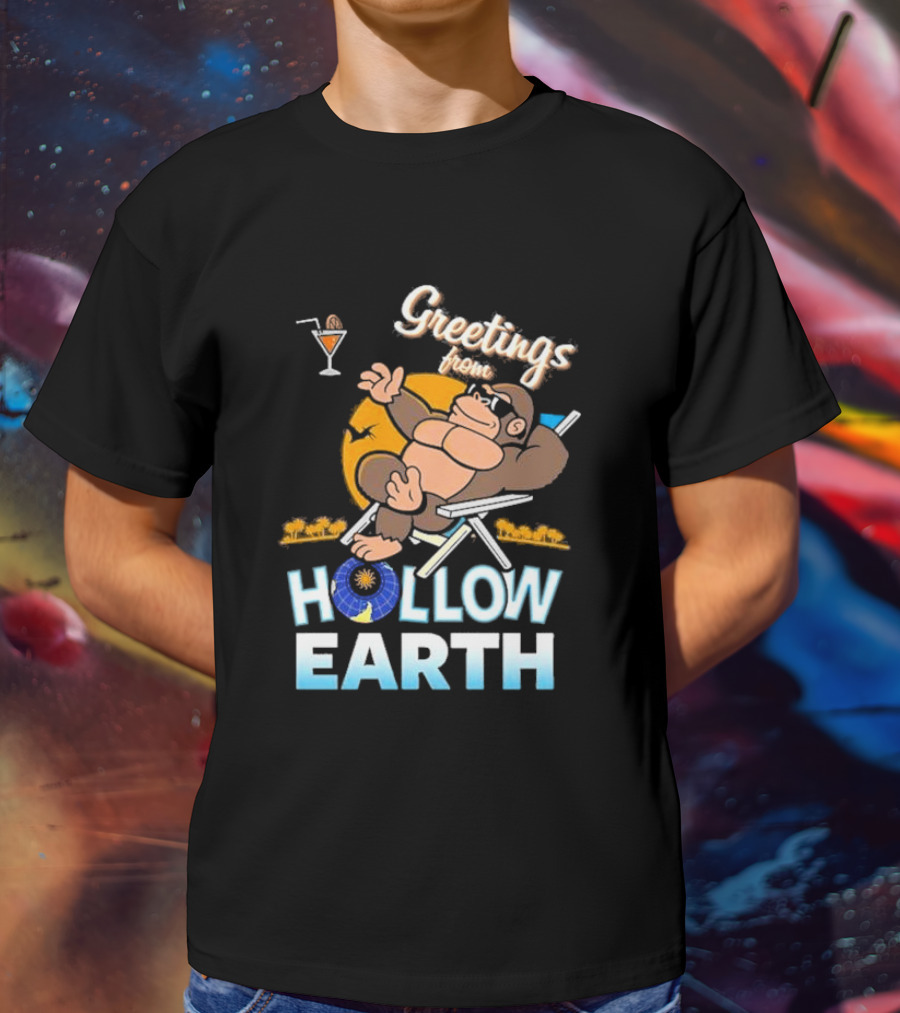 Greetings From Hollow Earth Giant Monster Relaxing With Tropical Cocktail T-Shirt