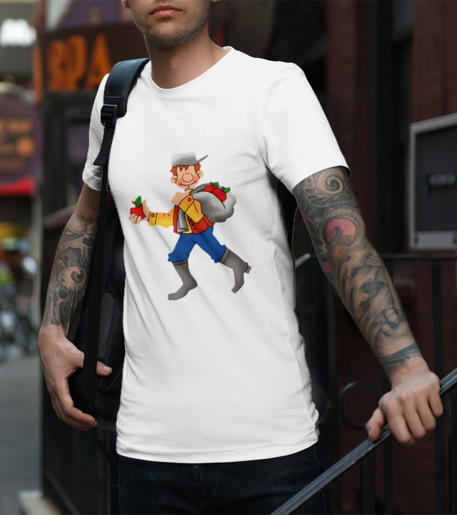 Johnny Appleseed Cartoon Character With Apple Backpack T-Shirt