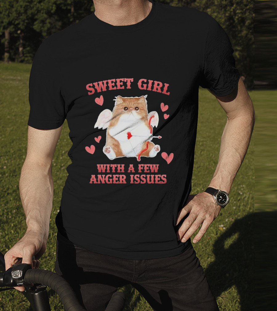 Sweet Girl With A Few Anger Issues Cat With Bow And Arrow Vintage Hearts T-Shirt