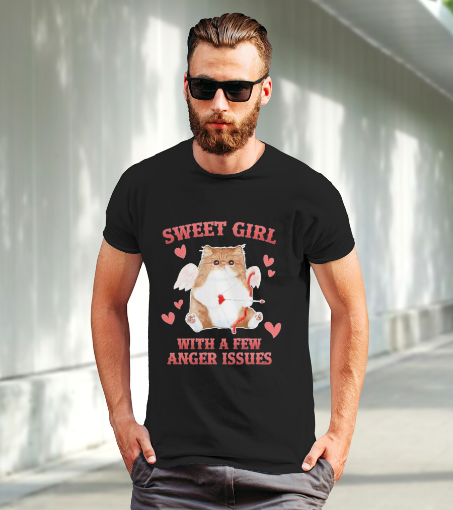 Sweet Girl With A Few Anger Issues Cat With Bow And Arrow Vintage Hearts T-Shirt