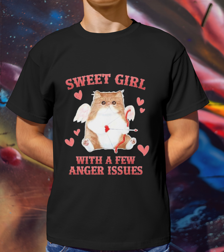 Sweet Girl With A Few Anger Issues Cat With Bow And Arrow Vintage Hearts T-Shirt
