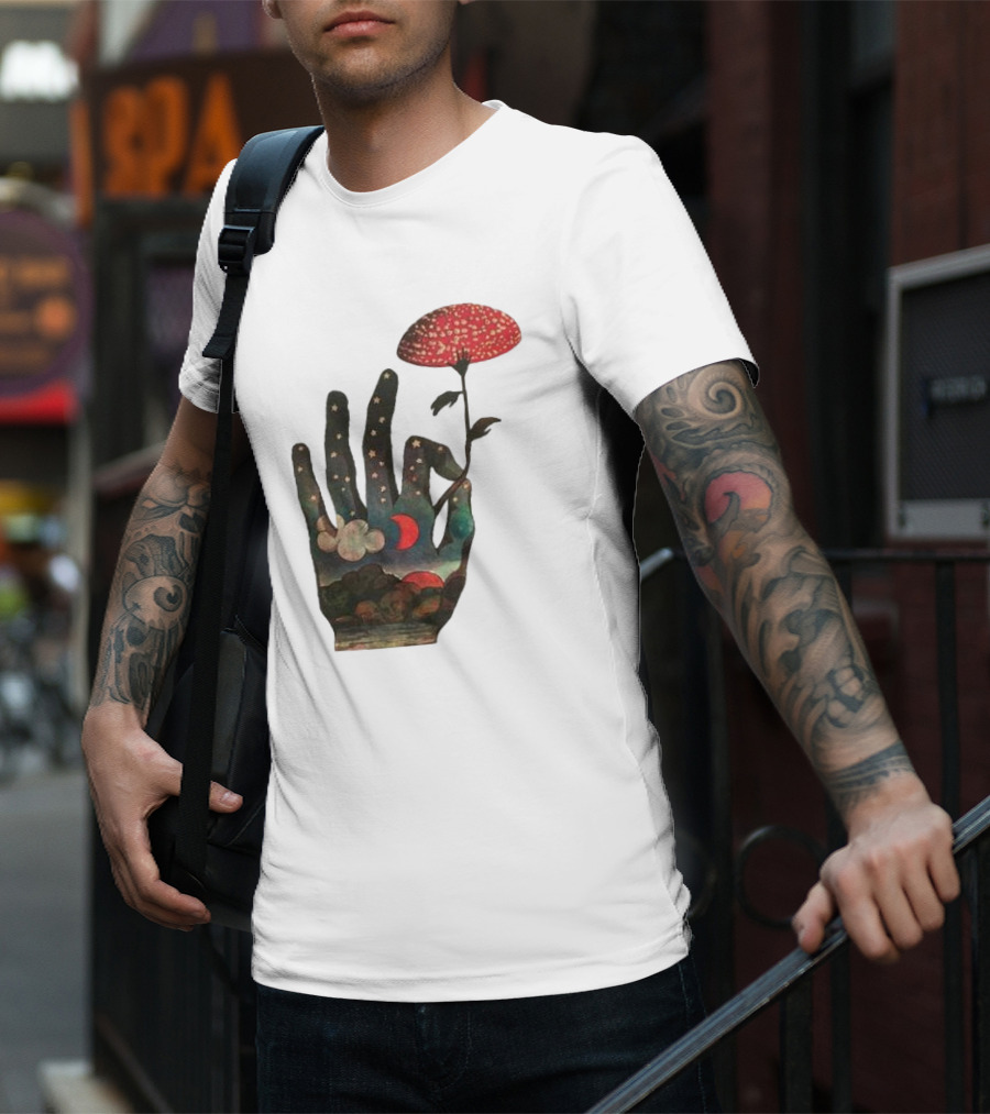 Fly Agaric Psychedelic Hand With Night Sky And Moon T-Shirt